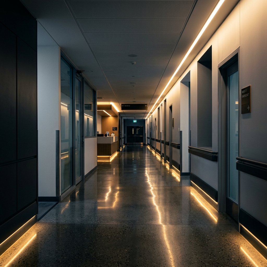 Corredor hospitalar moderno — arquitetura de saúde
